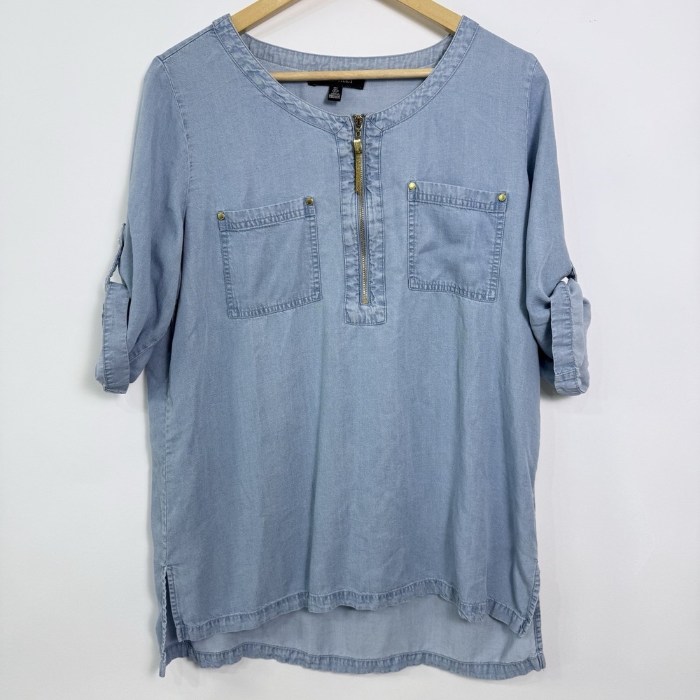 Ellen Tracy Chambray Tunic Top Womens Large Blue Tencel Roll Tab Sleeve Casual
